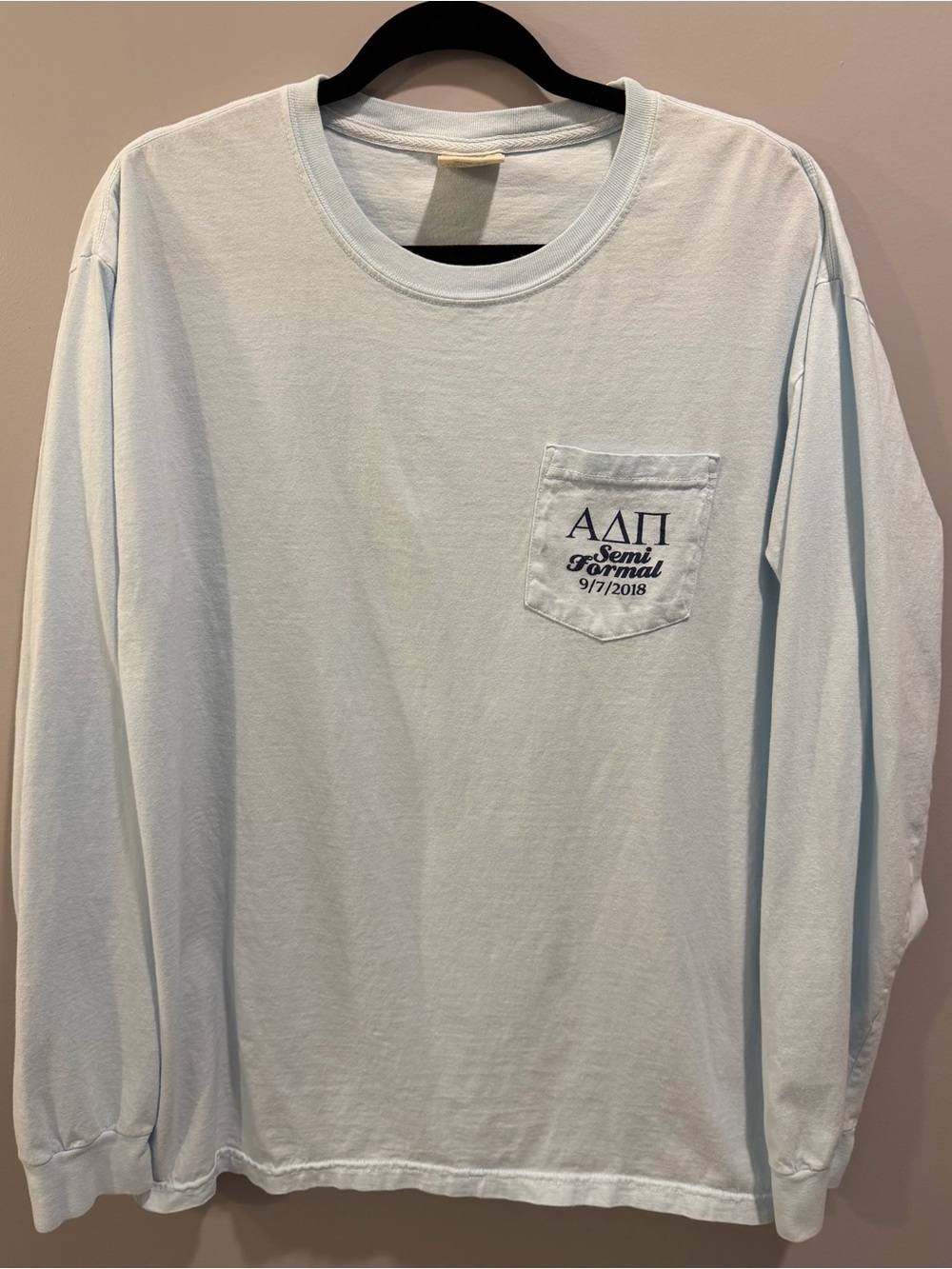 Comfort Colors Alpha Delta Pi 2018 Semi Formal Long Sleeve Pocket Tee Blue L